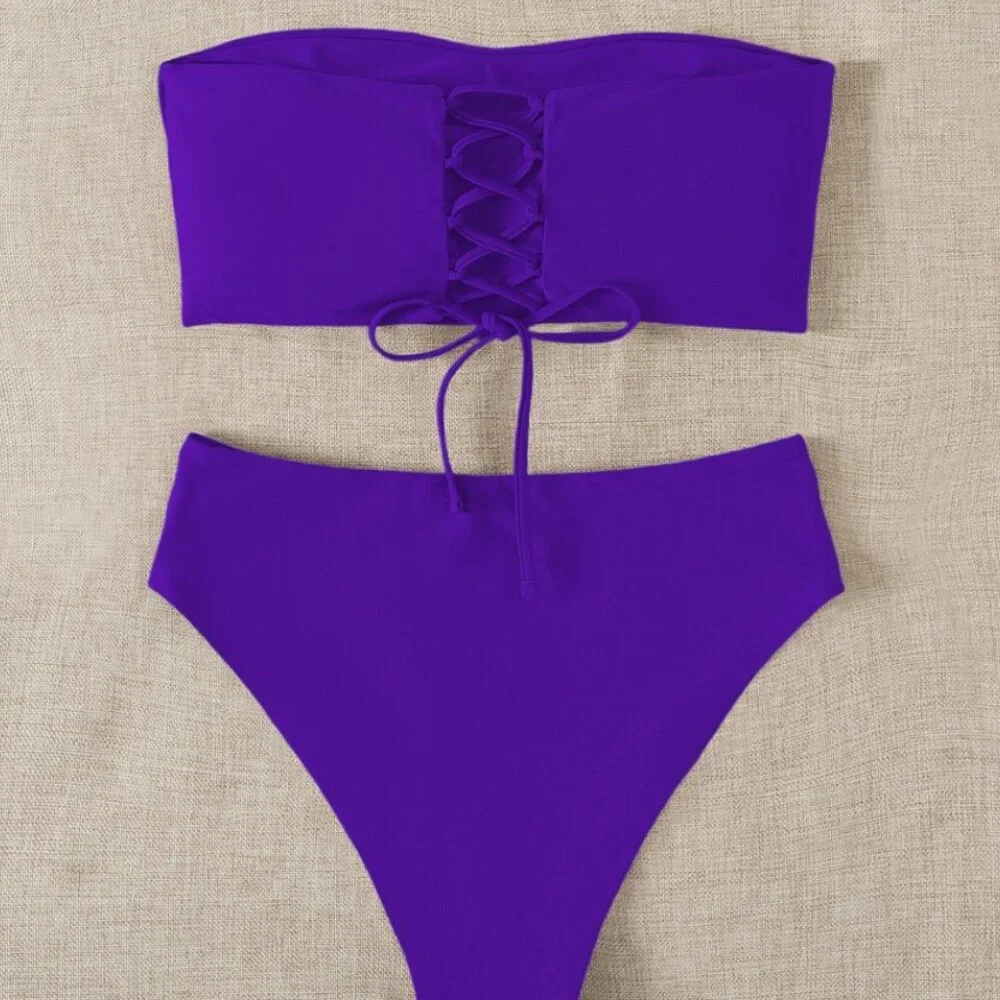 Swim Summer Beach Lace Up Back Bandeau High Waisted Bikini Se